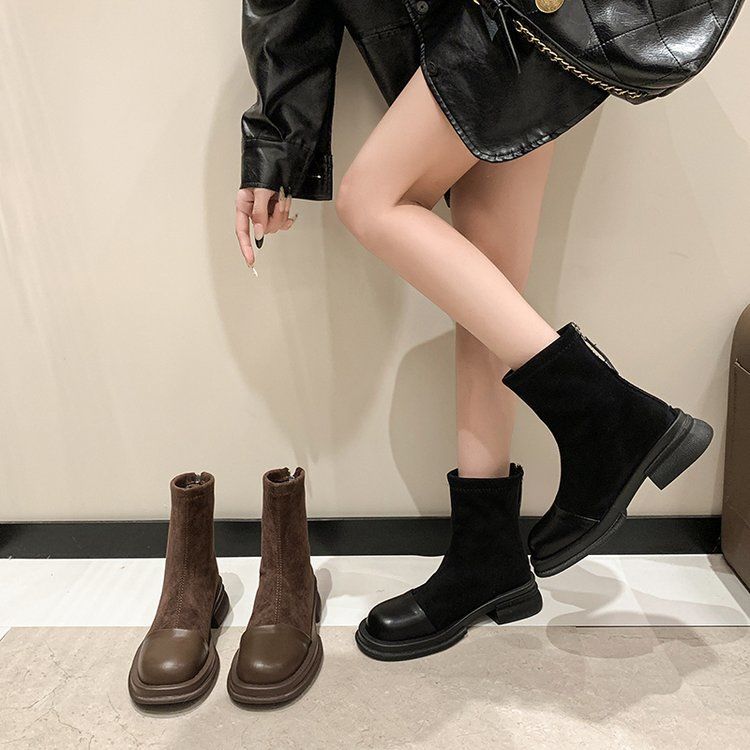 French Round Toe Stitched Suede Thick High-heeled Short Boots.