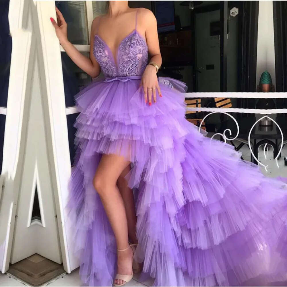 Low Lilac Sexy Evening High Backless Spaghetti Straps Tiered Tulle A Line Special Ocn Gowns Prom Dresses For Party Graduation Vestido De Festa 2022
