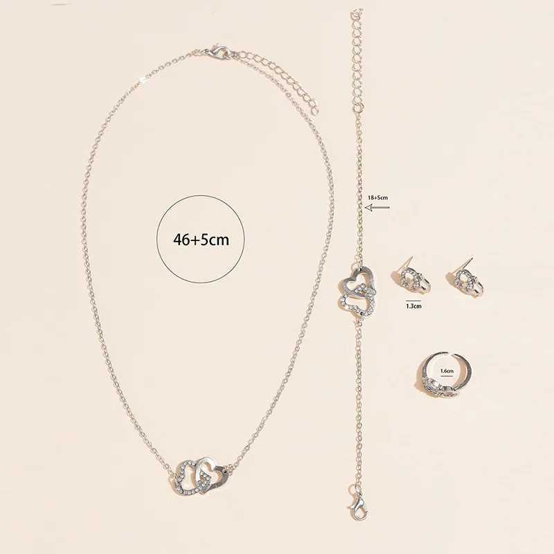 5PCS/Set Heart Shed Jewelry Sets Of Ring Earrings Necklace For Women Elegance Rhinestone Double Heart JewelryXJ241214