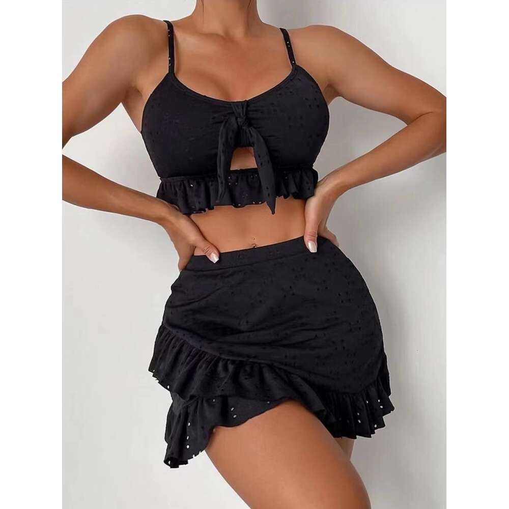 Hip Wrap Skirt Split Body Three Piece Set with Lace Up Beach Bikini Swimsuit F41733