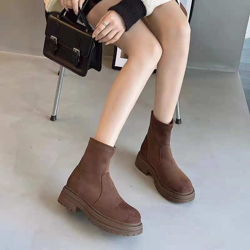 Women's Boots:Simple Design Solid Round Toe Thick Sole Increase Height Short Boots Slim 2024 New Fashion Casual Versatile,Black/Khaki/Brown,Free 