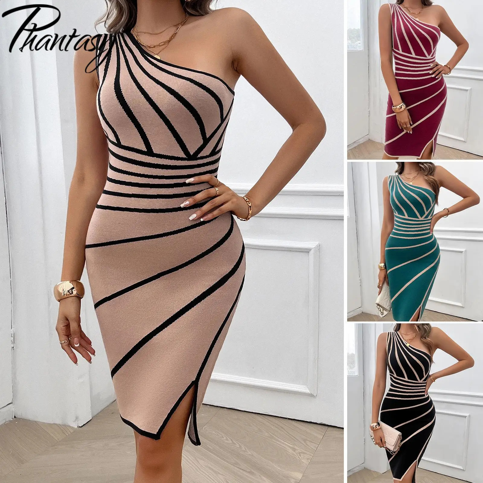Phantasy Elegant Office Lady Dres Summer Evening Party Dress Slanted Collar Sleeveless Outfit Solid Stripe Stylish 241116