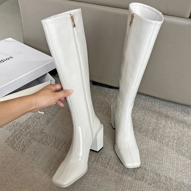 Blue womens boots winter knees womens long wheelbase shoes square toes Changchun autumn fashion work trend Gyaru Pu 241116