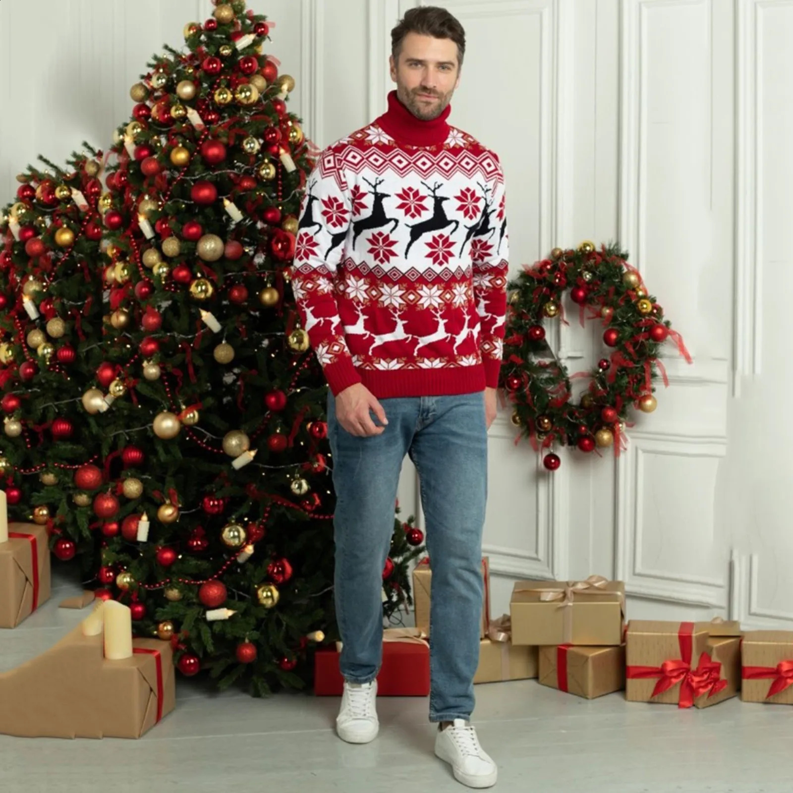 2024 Sweater Winter Women Men Jumper Christmas Warm Thicken Turtleneck Sweaters Knitwear Jacquard Pullover Xmas Family Tops S251110