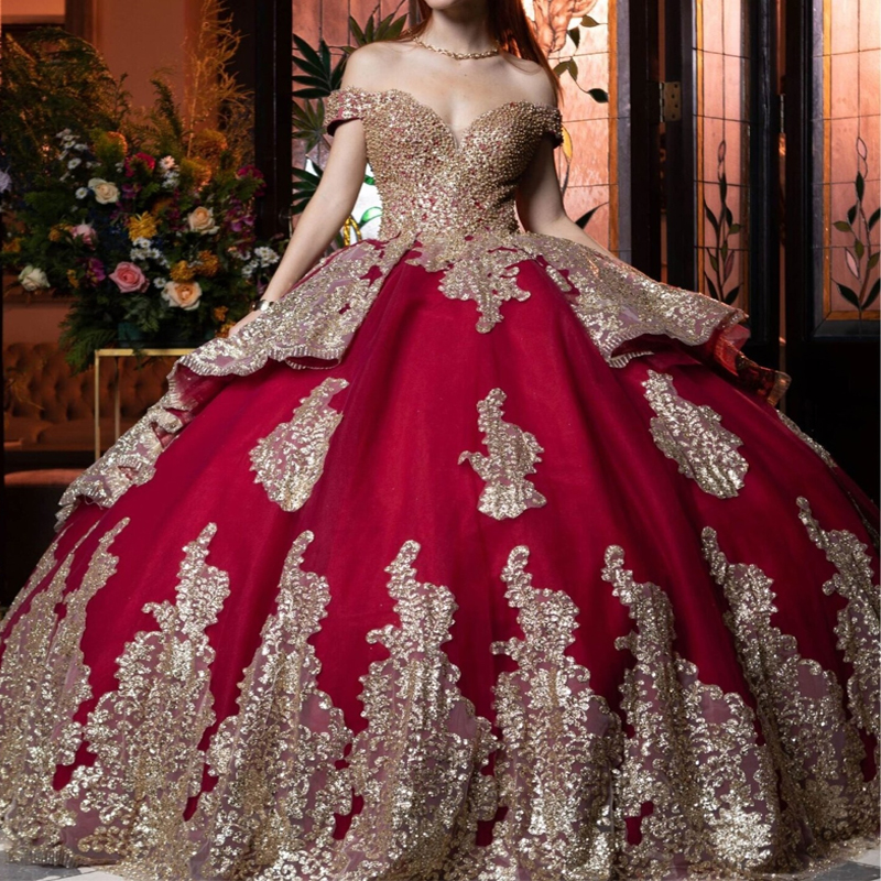 Red Shiny Off The Shoulder Quinceanera Dress Ball Gown Gold Lace Applique Beads Corset Sweet 16 Vestidos De 15 Anos