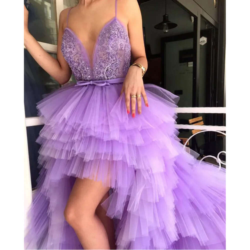 Low Lilac Sexy Evening High Backless Spaghetti Straps Tiered Tulle A Line Special Ocn Gowns Prom Dresses For Party Graduation Vestido De Festa 2022