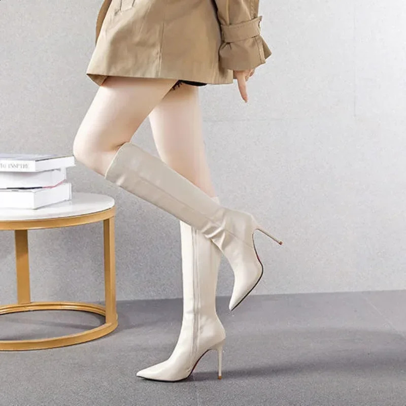 Black womens boots long pointed toes super high heels womens boots winter knee shaft boots trend half season 241116