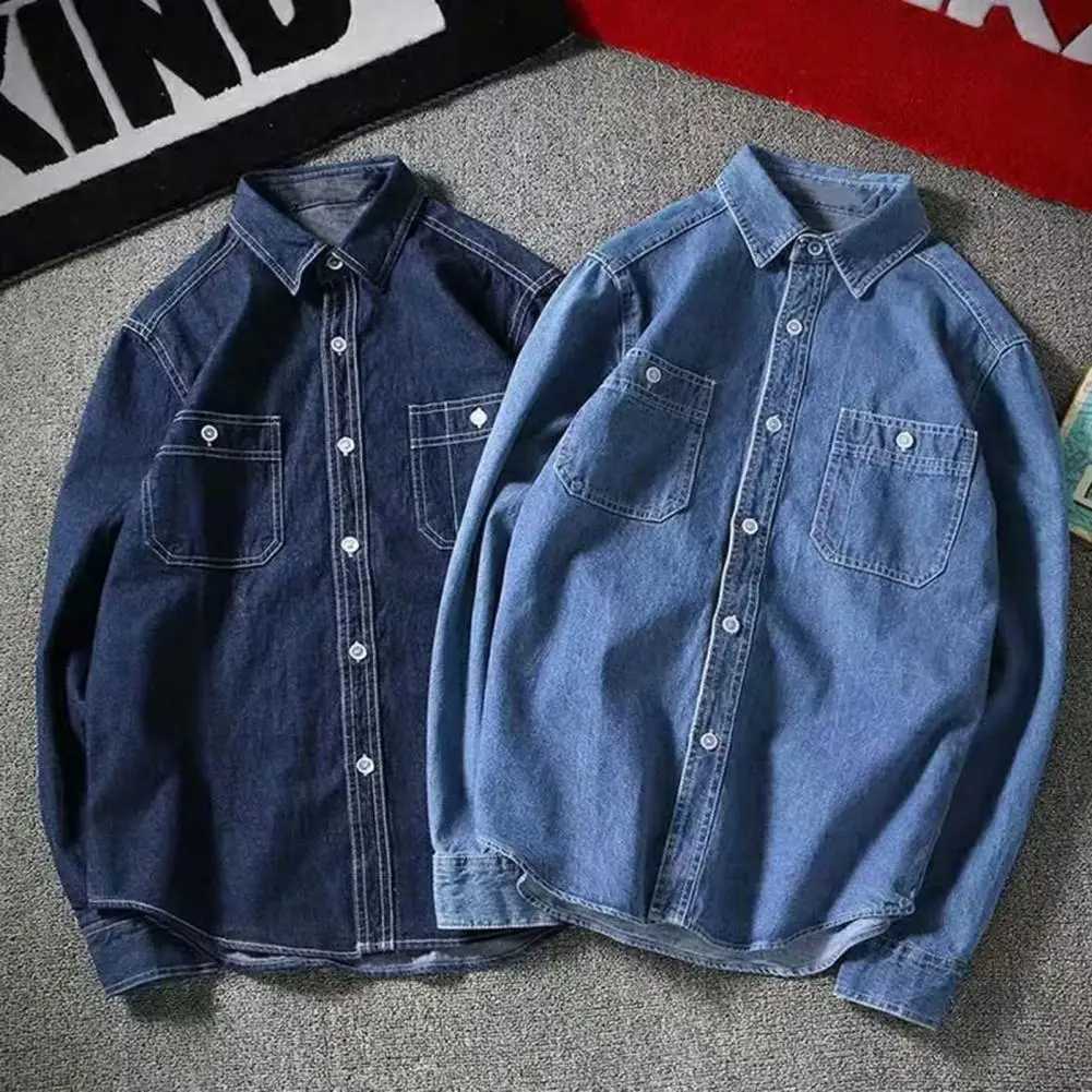 Men's Casual Shirts Trendy Male Shirt Jacket Skin-touch Solid Color Handsome Turndown Collar Buttons Men Denim Streetwear 240417