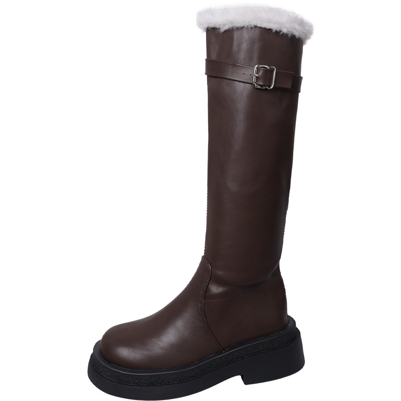 French Black Velvet Thick Soled Thick Heeled Long Boots.
