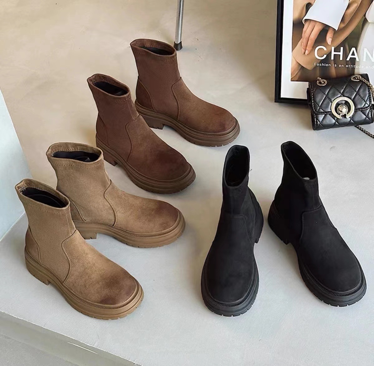 Women's Boots:Simple Design Solid Round Toe Thick Sole Increase Height Short Boots Slim 2024 New Fashion Casual Versatile,Black/Khaki/Brown,Free 