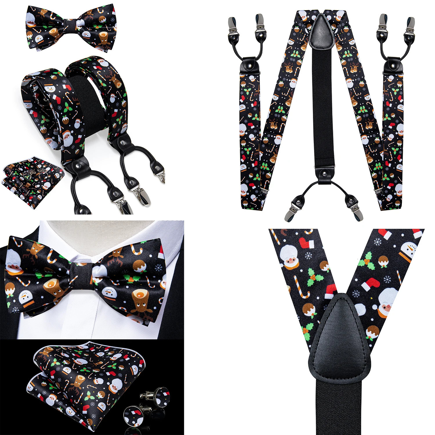 Christmas Mens Elastic Suspenders Adjustable Black Bowtie Cufflinks Set Tree Santa Y back Braces Wide Strap Metal Clip 240401