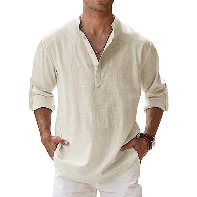 QF5S Men's Casual Shirts New Mens Cotton Linen Long Sleeve Button Down Shirt Band Collar Loose Tops M-5XL 240417