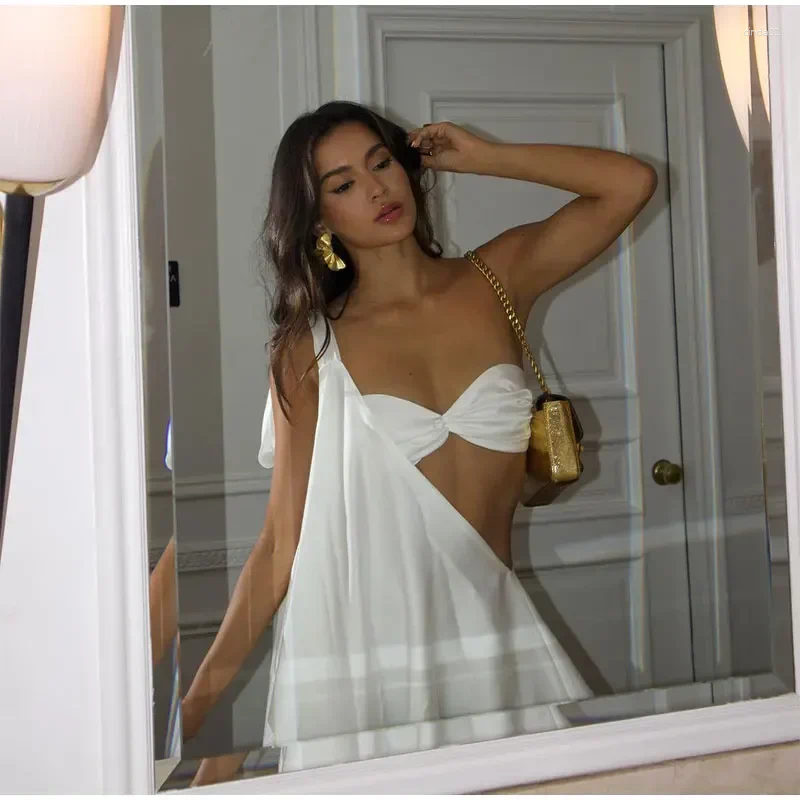 Casual Dresses Women White Off Shoulder Hollowed Out Mini Dress Sexy One Vest Backless Satin Summer Lady Party Club Robe AAA Discount for in-store pur