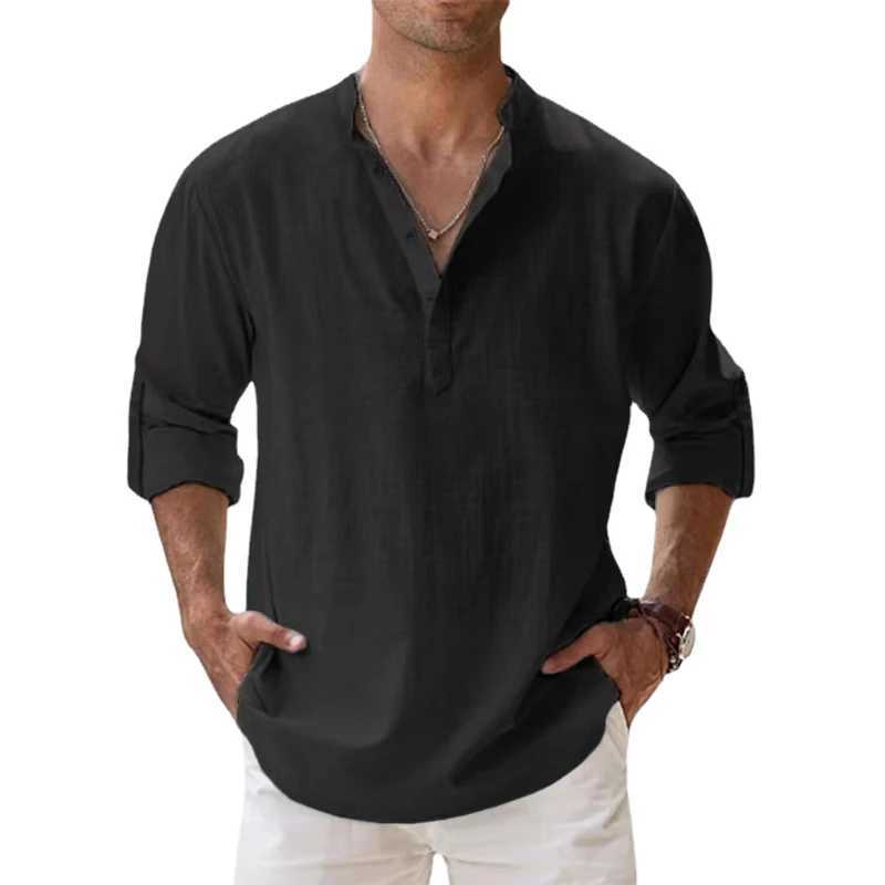 QF5S Men's Casual Shirts New Mens Cotton Linen Long Sleeve Button Down Shirt Band Collar Loose Tops M-5XL 240417