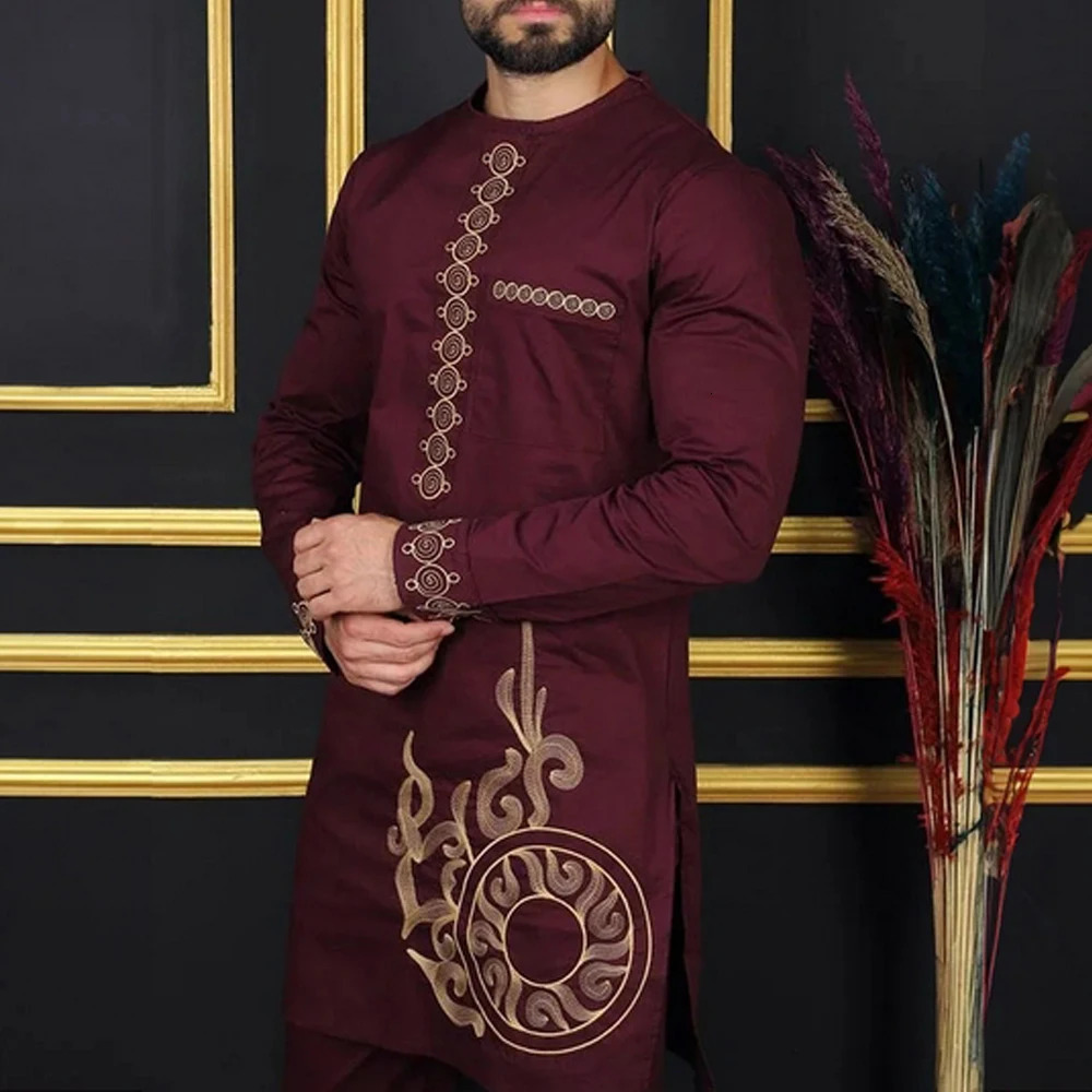 Kaftan Mens Suit Printed Top Trousers African Ethnic Casual Traditional Cloth 2PCS Suits Outfits Wedding Wear Fashion Male Sets 240417