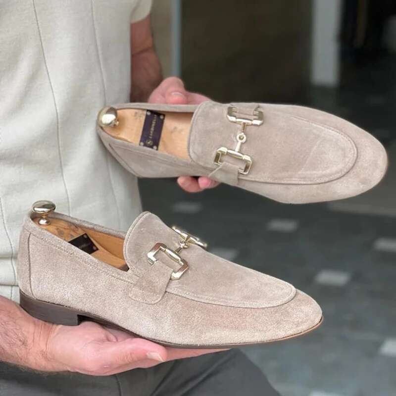 Loafers Black Beige ck Round Toe Metal Decoration Dress Slip on Men Shoes