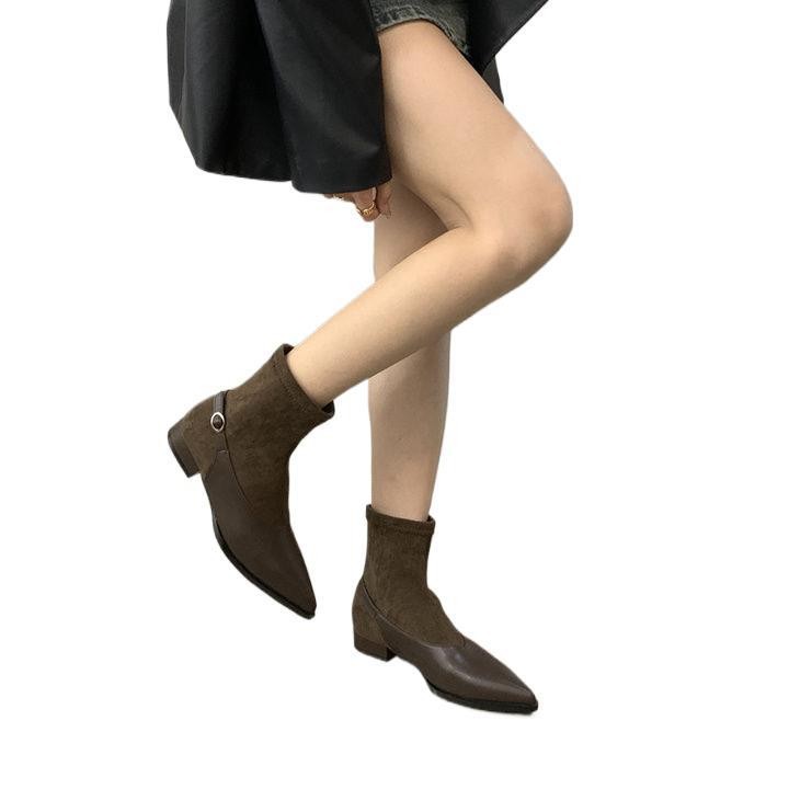 Sharp Pointed Thick Heel Brown Soft Leather Women's Short Boots.
