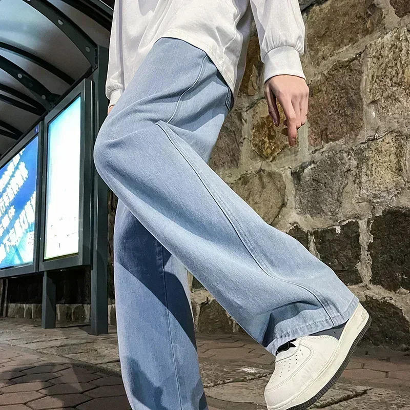 Street Loose Jeans Mens Korean Fashion Straight Wide Leg Pants Clothing Black Light Blue w250327