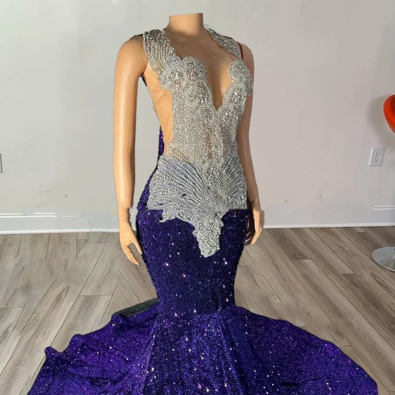 Elegant Purple Prom Dresses 2024 Zipper Back Crystal Sequin Mermaid Rhinestone Party Gowns Evening Wear Robe De Mariage 0431
