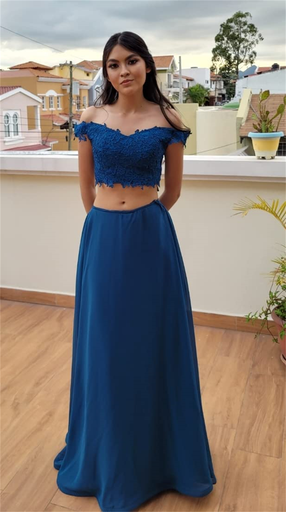 Two Pieces Off-the-Shoulder Long Prom Dresses Split Deep V-Neck Appliques Chiffon A-Line Plus Size Formal Occasion Evening Party Gown Pd12
