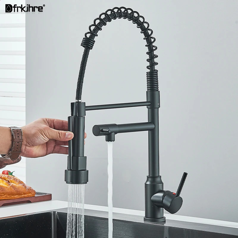 Dfrkjhre bathroom full copper pull-out kitchen faucet water purifier dual outlet and cold sink spring faucet 241112
