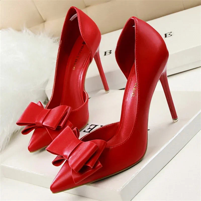 Spring Party Elegant Pink Bow High Heels Womens Fashion Wedding Dress Pump Side Hollow Stiletto Shoes 241116