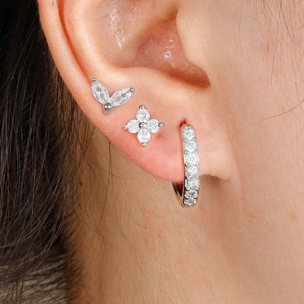 3PCS Stainless Steel Gold Color Circle Hoop Earrings Set for Women Simple Zircon Flower Stud Earring Cartilage Piercing Jewelry 241116