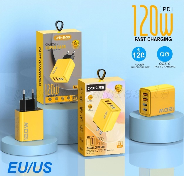 Hot selling 120W Bumblebee Yellow Super Fast Charging KO-71 2PD+2USB Charging Charger for Laptops Tablets Mobilephones Travel Wall EU US Plug Charger 
