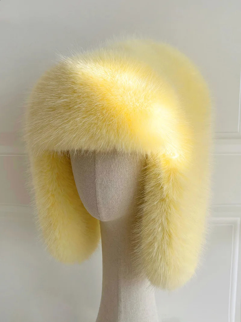 Saga fur Lei Feng hat yellow set imitates mink fur womens autumn and winter cycling warm skiing cold ear protection pilot hat 241116 - view 6