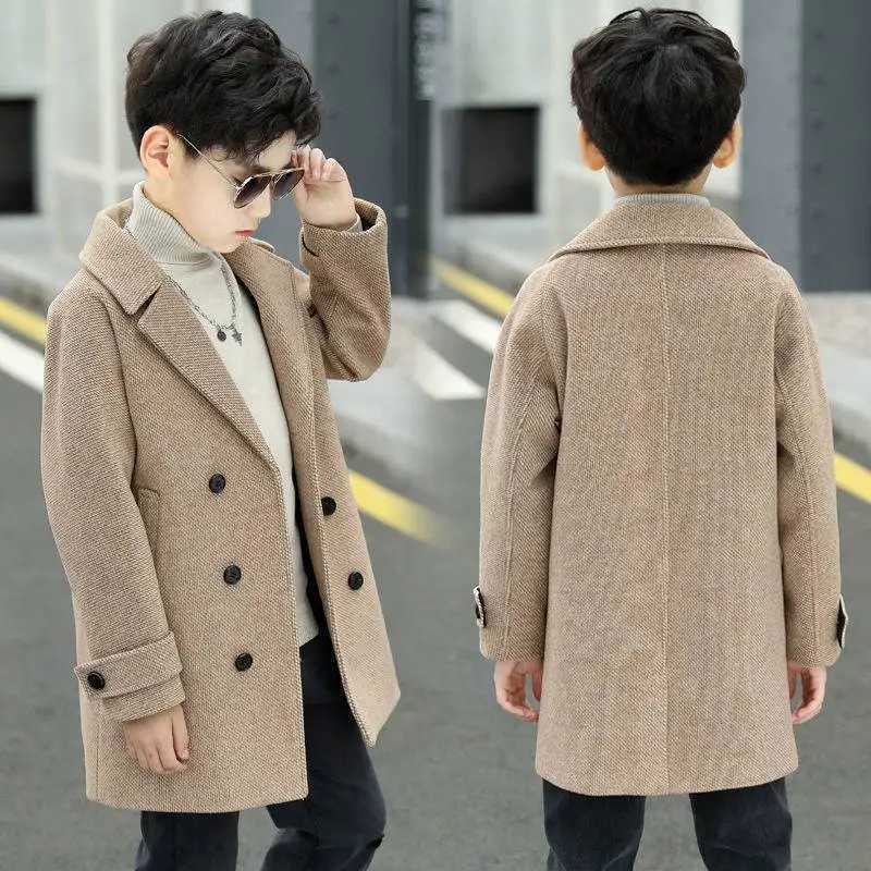 High Quality Winter grid jacket for boys and girls wool double-layer baby boy trench coat lapel autumn childrens coat spring wool coat T241116