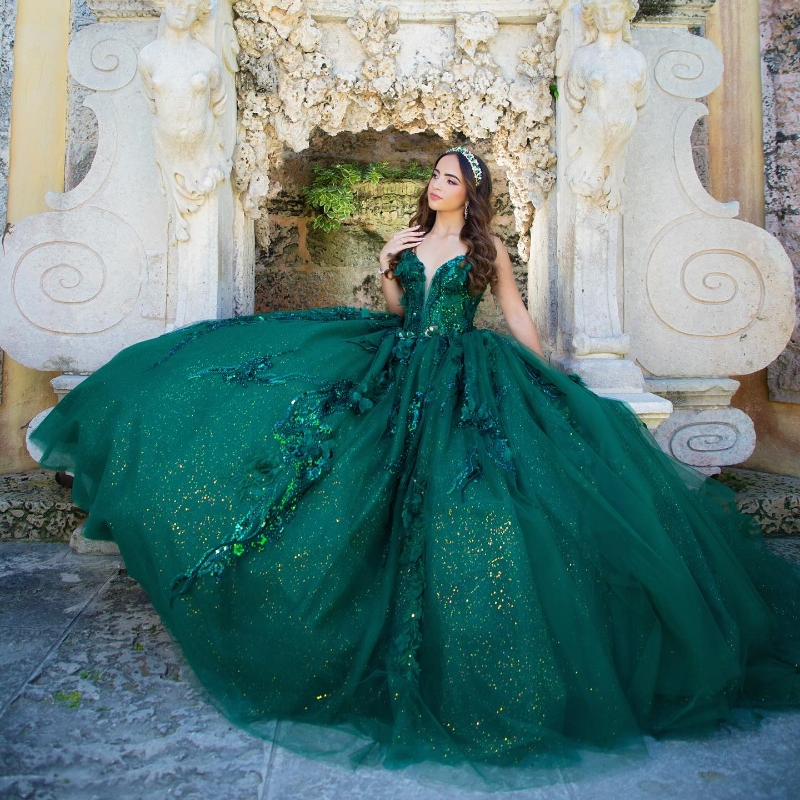 Blackish Green Sweetheart 3D Flowers Quinceanera Dress Ball Gown Puffy Dress 16th Birthday Applique Beads vestido de 15 anos