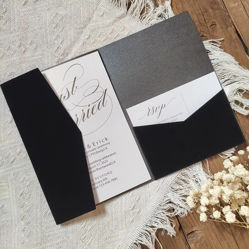 25 pieces of black velvet invitation card pocket folder Trifilad folder black velvet and black pearlescent paper 241115