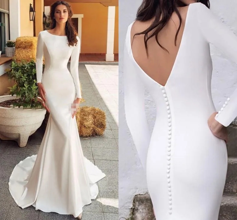 Modest Mermaid Wedding Dresses 2024 Robes De Mariee Full Sleeves Buttons Backless Bridal Gown Sweep Train Elegant Satin Vestidos Boho AL8274