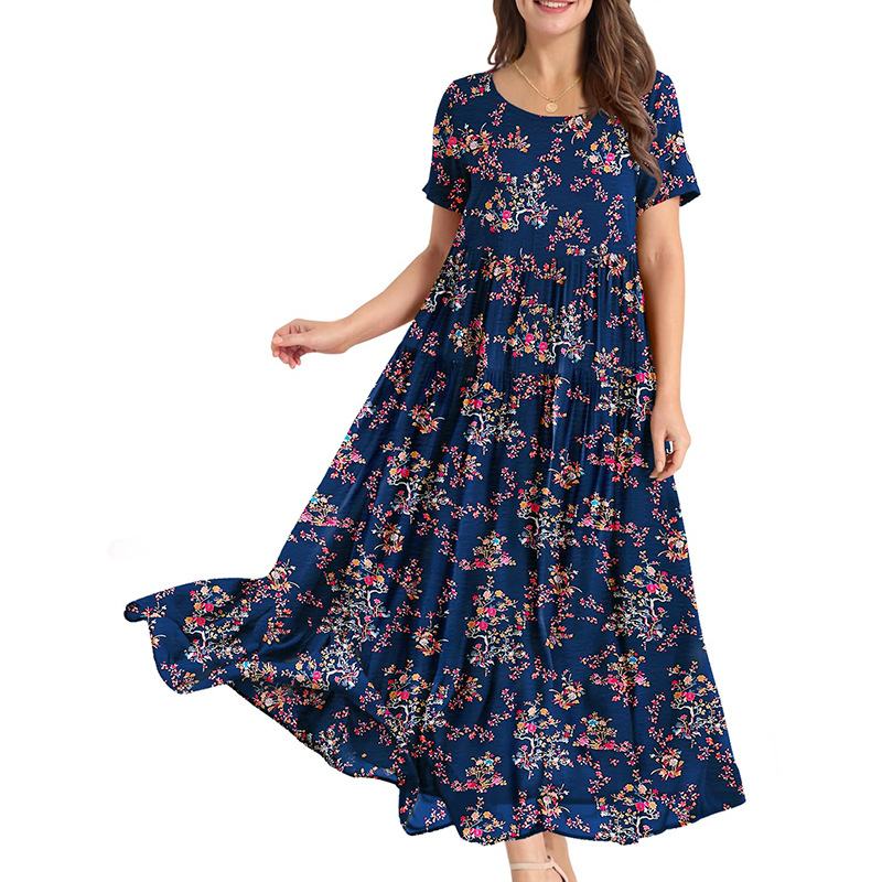 luxury clothes women designer dress women dresses Polyester Crew Neck Summer Conventional Sleeve Flora Printed Dresses Short Sleev vestidos dresses fo