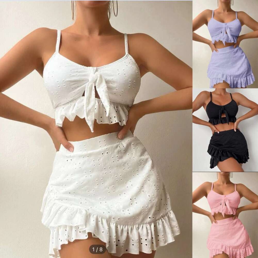 Hip Wrap Skirt Split Body Three Piece Set with Lace Up Beach Bikini Swimsuit F41733