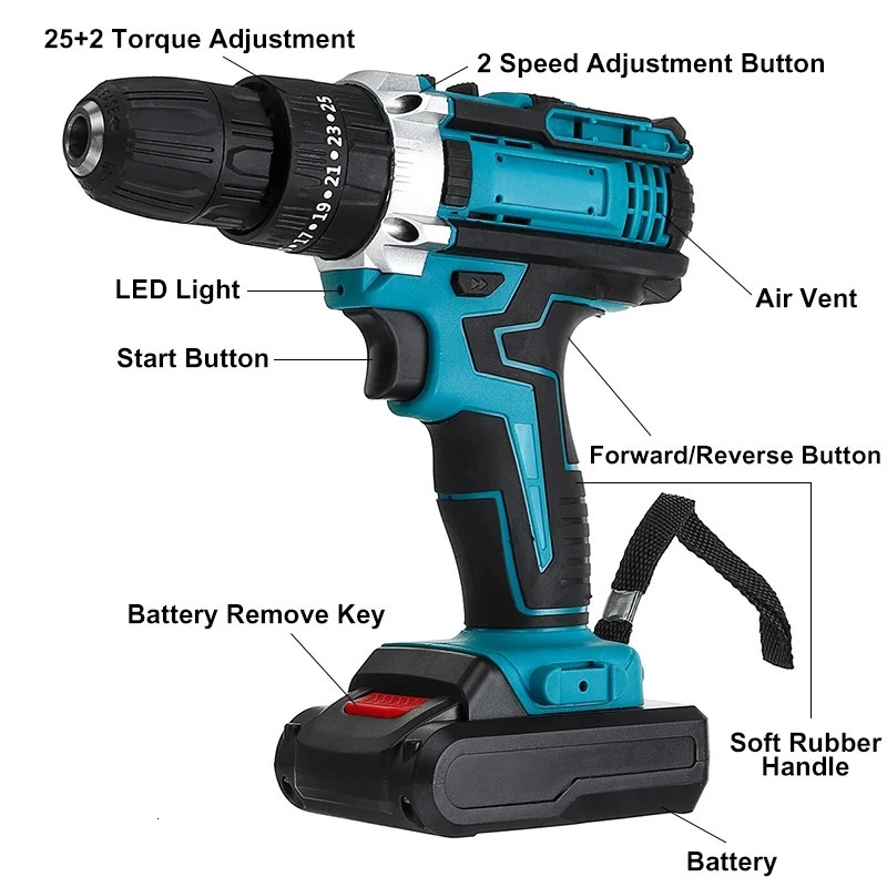 Wiredless Impact Drill Screwdriver Rechargeable Battery Cordless Hammer 253Torque Setting Electric Power Tool 240402