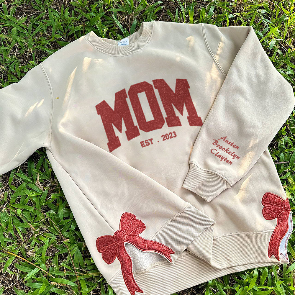 Christmas Embroidered MOM Glitter Bow Hoodie Sweatshirt