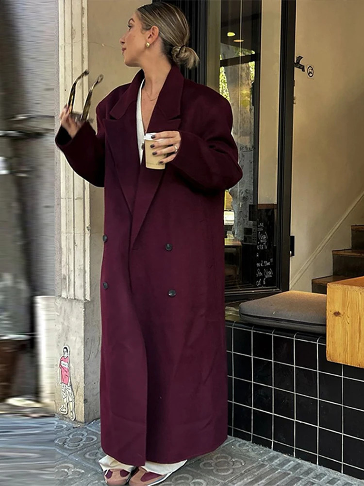 Angola Red Womens Overcoat Office Pockets Lapel Double Breasted Long Windbeaker Coat 2024 Autumn Winter Lady Outerwear 241116