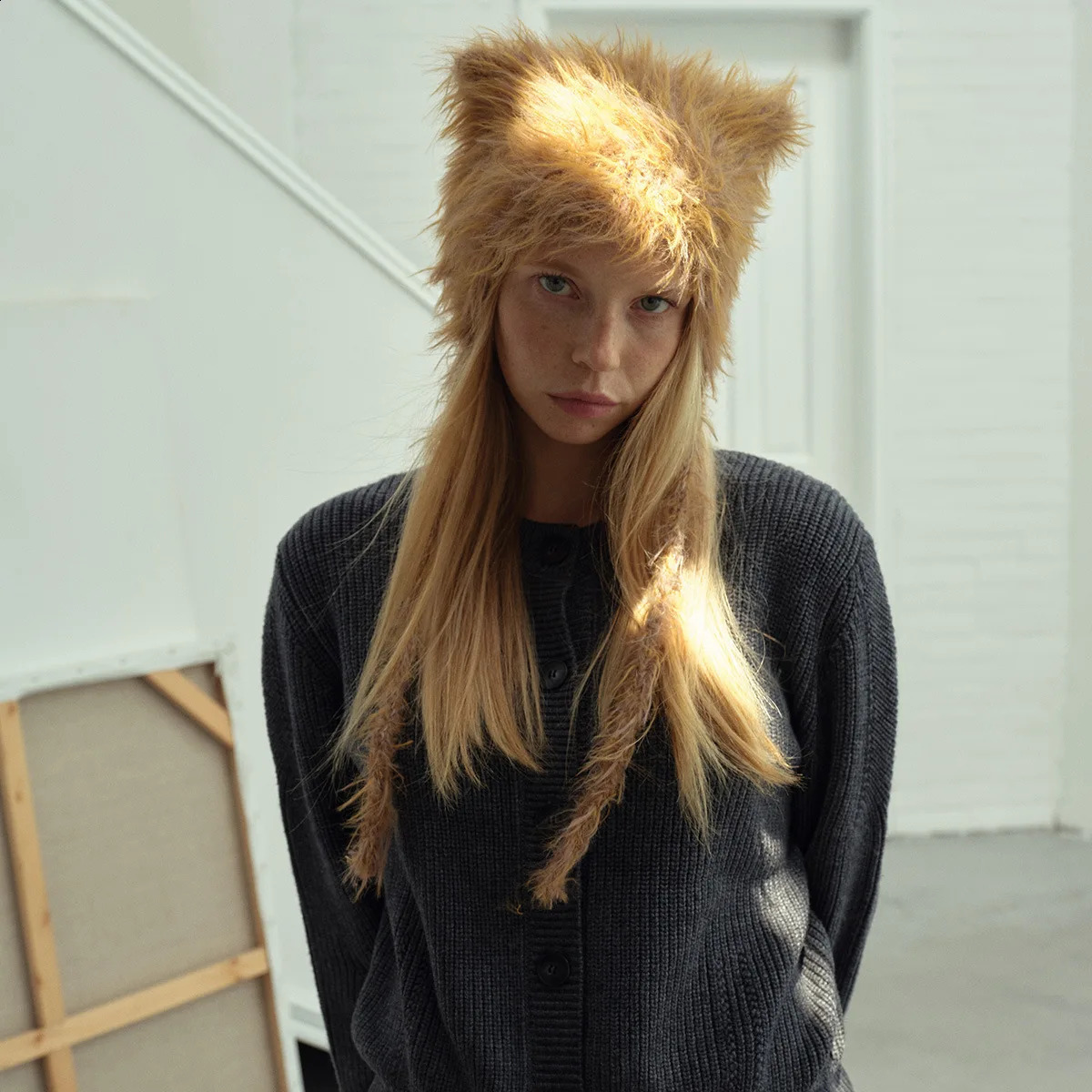 Womens winter dopamine colored bean hat warm soft bomber hat with cute Cats ears Steamed cat-ear shaped bread suitable for girls 241116