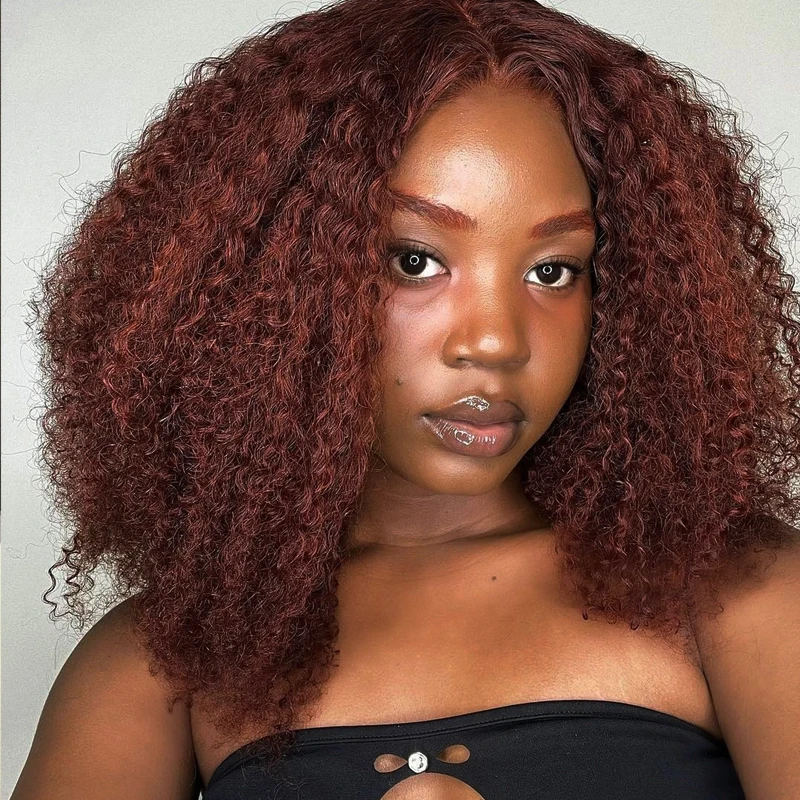 Reddish Brown 360 Lace Frontal Kinky Curly Ready To Wear Human Hair Wigs Auburn Copper Red Colored Preplucked Glueless Synthetic Wig