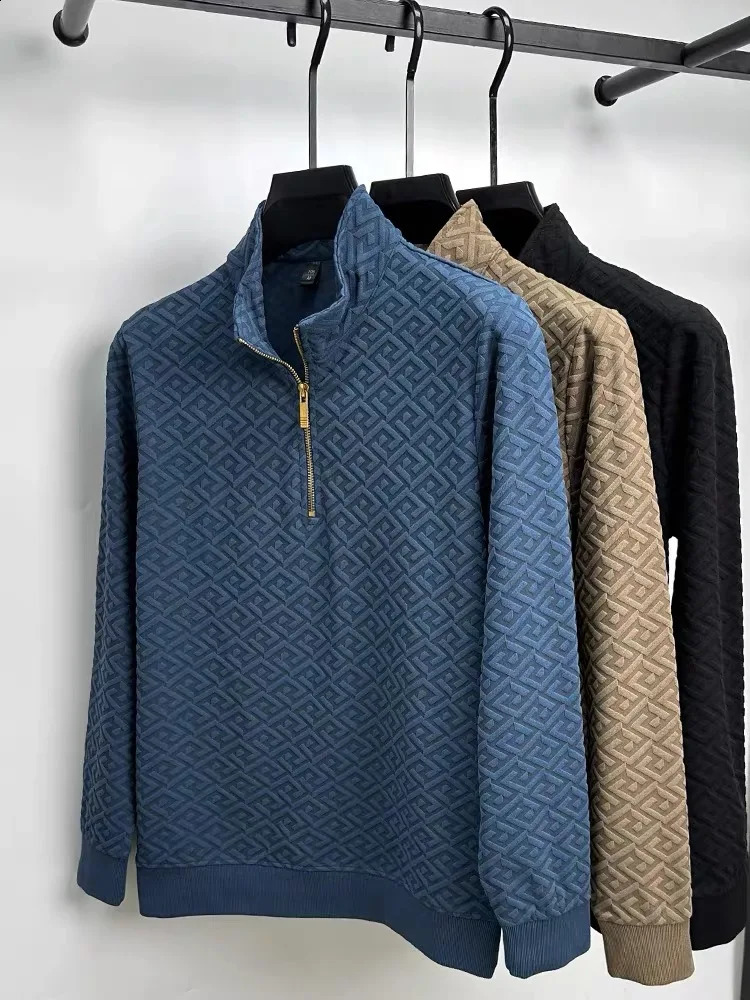High end geometric jacquard sweater mens zippered standing neck long sleeved Tshirt autumn fashion loose pullover 241116