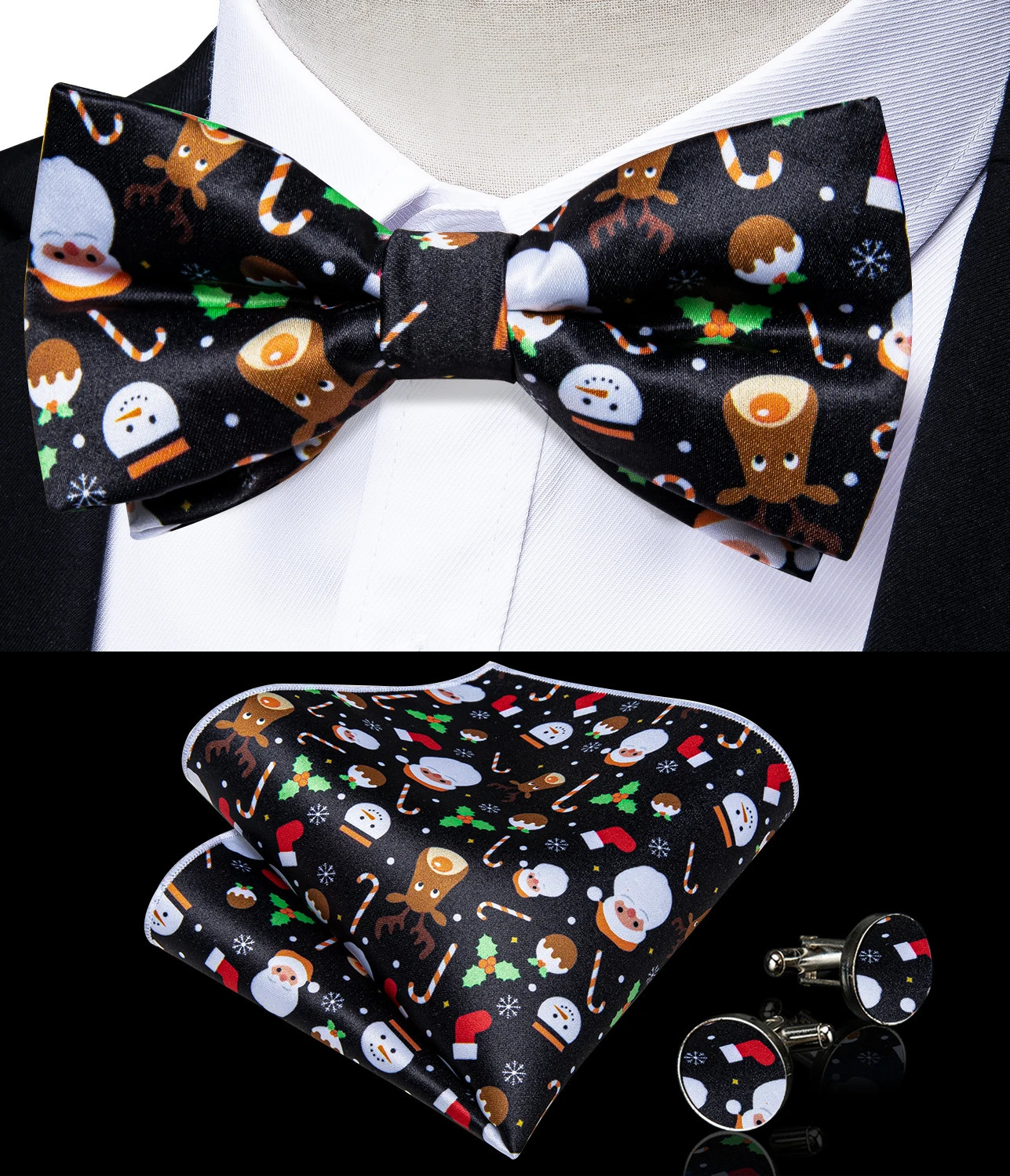 Christmas Mens Elastic Suspenders Adjustable Black Bowtie Cufflinks Set Tree Santa Y back Braces Wide Strap Metal Clip 240401