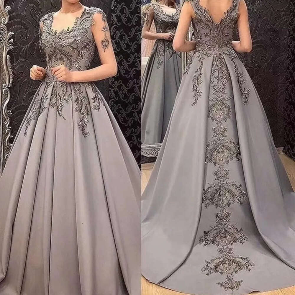 Women Gray A-Line Evening Dresses 2022 Formal Party Gowns Night Robe De Soiree Elegant Lace Appliques Transparent Long Sleeves Prom Dress Special Ocn 