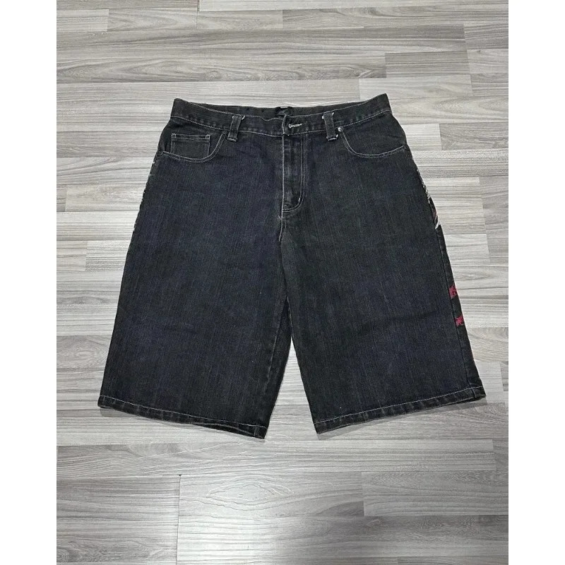 Y2K Baggy Shorts Mens Wing Embroidered Denim Vintage Harajuku Hip Hop Gothic Punk Wide Leg Pants Street Wear 240411