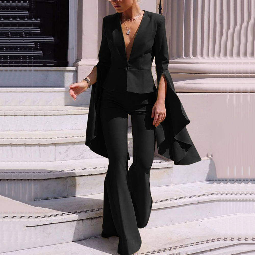 Womens Two Piece Pants VONDA Fashion Autumn Sets Women Sexy Lapel Button Up Suit High Waist Zipper Trousers Elegant Office Oversized 230209