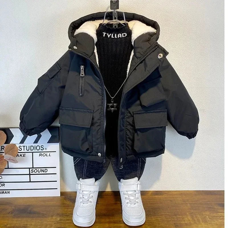 Winter Down Cotton Jacket Boys Black Hooded Coat Children Outerwear Clothing Teenage 38Y Kids Parka Padded Snowsuit 241118