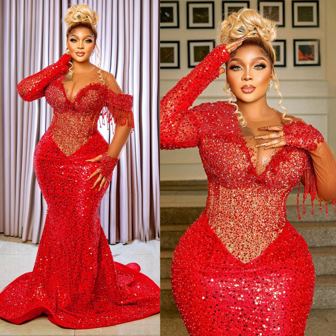 2024 Plus Size Red Prom Dresses for Black Women Evening Formal Gowns Sheer Neck Long Sleeves Evening Dresses Elegant Beaded Sequined Lace Birthday Dre