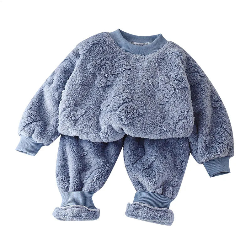 Winter Childrens Boys 2PCS Sleepwear Set Plush Thick Plush Warm Bear Pull Flower Loose Hair Pants Set Childrens Baby Sleepwear 241118
