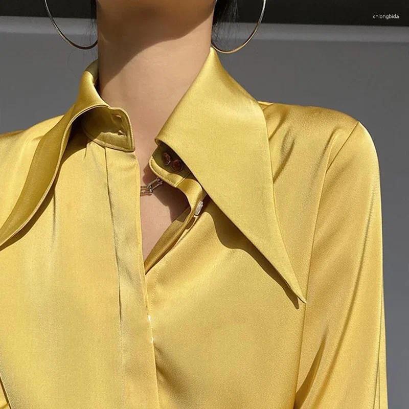 Women's Blouses Autumn Temperament Buttons Solid Color Turn-Down Collar Long Sleeve Blouse Women Clothing Elegant Irregular Loose Shirts B3