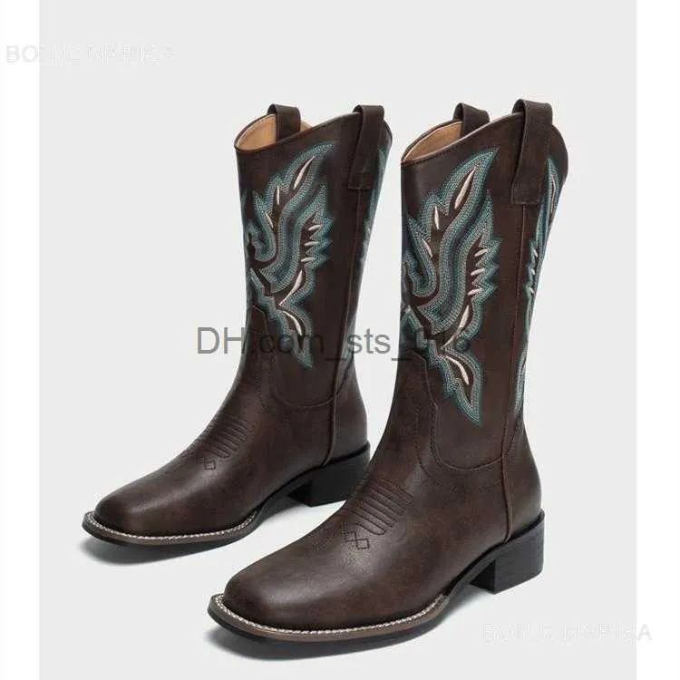Cowboy Mid Western Cowgirls Calf Boots For Women Chunky Heel Embriodery Sip On Vintage Brand Designer Comfy Shoes Woman T230824 241119